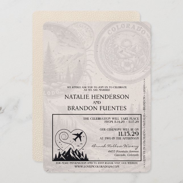 Convites Ivory Colorado Passport Wedding (Frente/Verso)