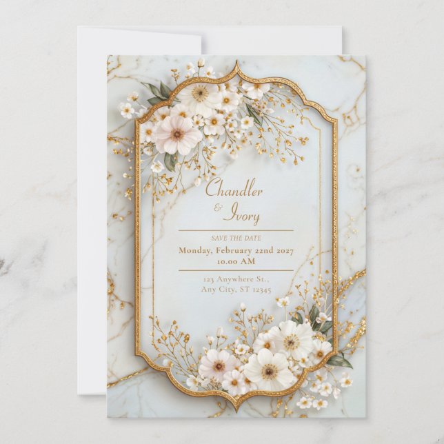 Convites Ivory Cosmos Icy Marble Gilded Wedding (Frente)