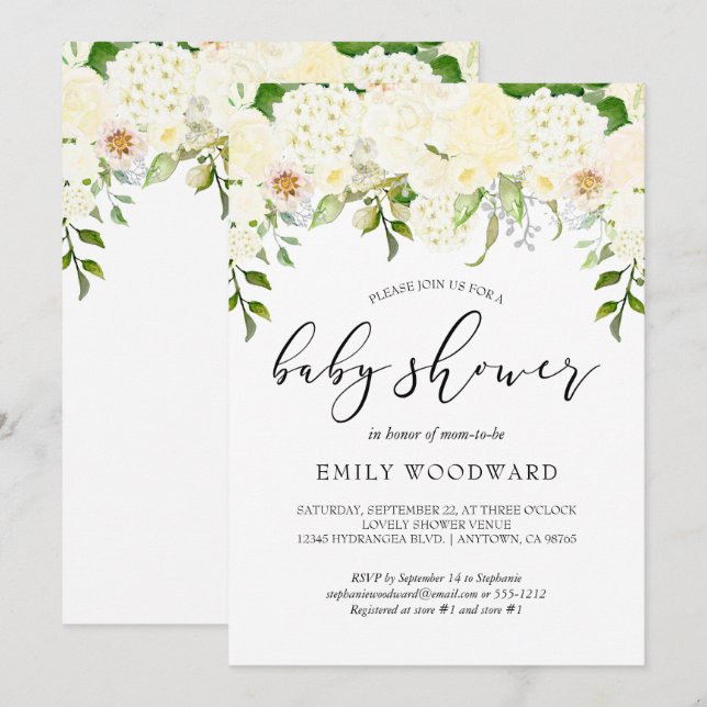 Convites Ivory Cream Floral Greenerescência Chá de fraldas  (Frente/Verso)