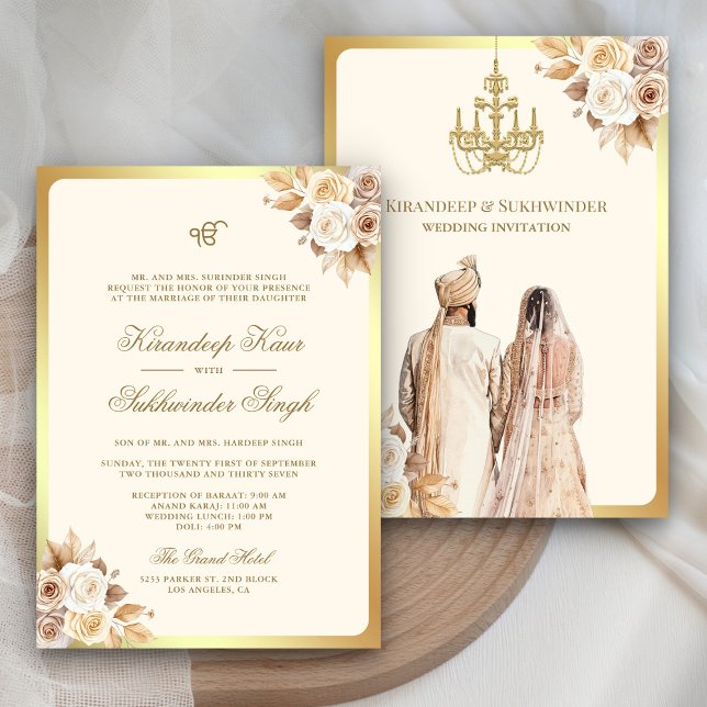 Convites Ivory Cream Rosas Floral Anand Karaj Sikh Casament (Criador carregado)