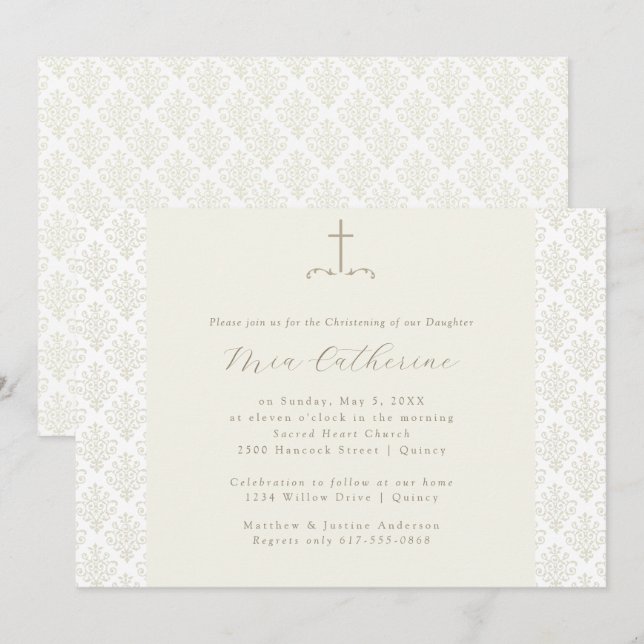 Convites Ivory Damask Cream Cross Christening / Baptismo (Frente/Verso)