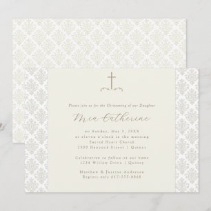 Convites Ivory Damask Cream Cross Christening / Batismo
