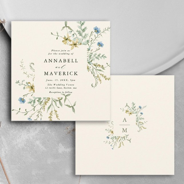 Convites Ivory Delicate Wildflower Modern Boho Wedding (Front & Back)