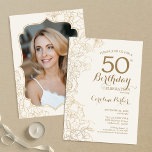 Convites Ivory Dourada Foto 50th Festa de aniversário<br><div class="desc">Ivory Dourado Floral Foto 50º Convite de aniversário. Design minimalista moderno com desenhos botânicos em destaque e letra de script de tipografia. Simples trendy convida cartão perfeito para uma festa de na moda. Pode ser personalizado para qualquer idade. Impressos convites Zazzle ou modelo de impressão digital instantânea para download.</div>