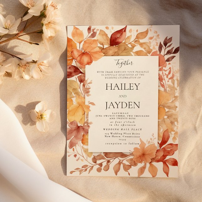 Convites Ivory dourado burgundy laranja Folhas de outono ca (Ivory gold burgundy orange Autumn leaves wedding )