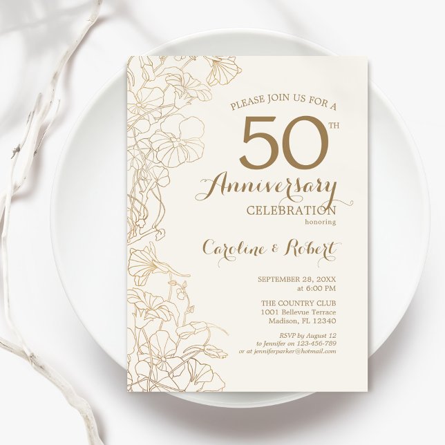 Convites Ivory Dourado Floral 50º Aniversário (Criador carregado)