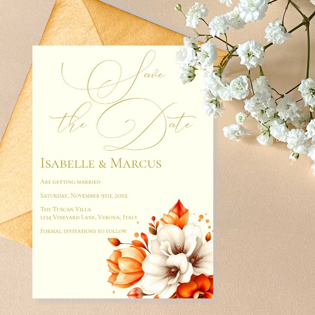 Convites Ivory & Dourado Floral Salve a data de casamento (Ivory & Gold Floral Save the Date Wedding Invitation)