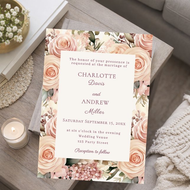 Convites Ivory dusty rose mauve florals wedding (Criador carregado)