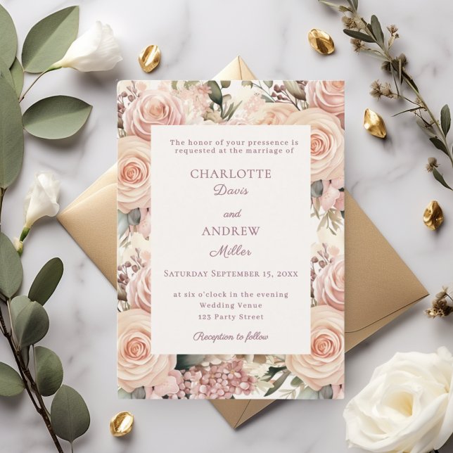 Convites Ivory dusty rose mauve florals wedding (Criador carregado)