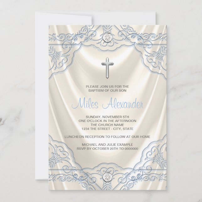 Convites Ivory e Blue Baptism Christening (Frente)
