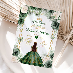 Convites Ivory & Emerald Green Floral Princess Mis Quince