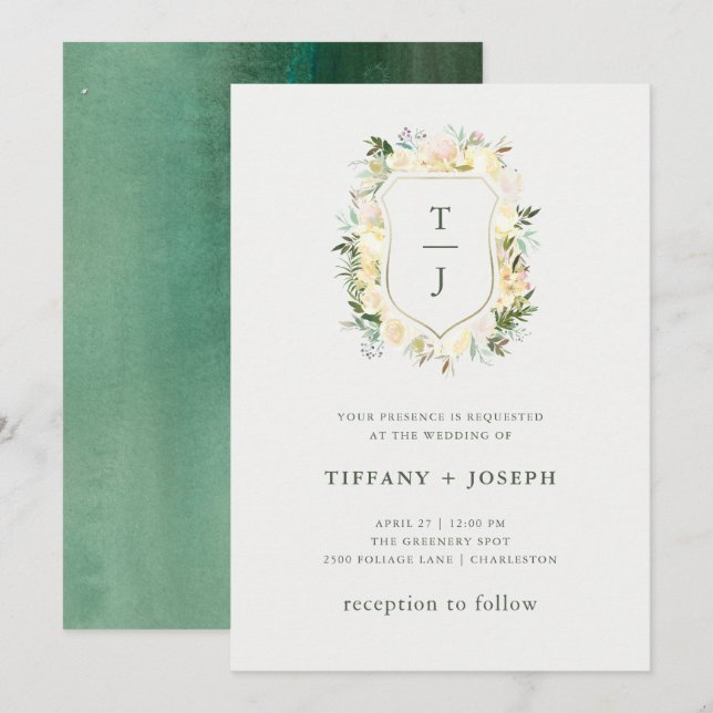 Convites Ivory Floral com Verde | Casamento Crest Watercolo (Frente/Verso)