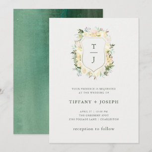Convites Ivory Floral com Verde   Casamento Crest Watercolo