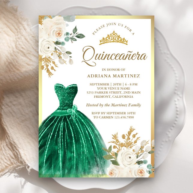 Convites Ivory Floral Emerald Green Gown Dourada Quinceaner (Criador carregado)