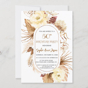 Convites Ivory Floral Pampas Grass Palm Foto 50º Aniversári