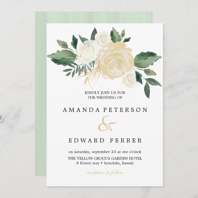 Convites Ivory Floral Rosa, hortelã de casamento (Frente/Verso)