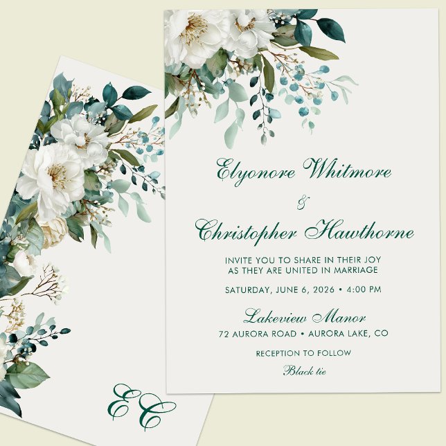 Convites Ivory Forest Teal Script Floral Wedding (Criador carregado)