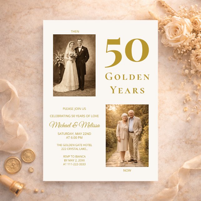 Convites Ivory Gold 50th Anniversary Photo Then and Now  (Elegant ivory gold 50th anniversary invitation with romantic then and now design)
