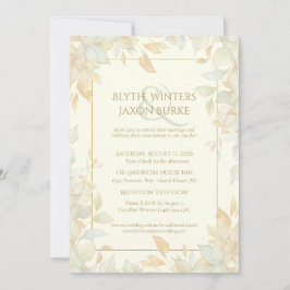 Convites Ivory Gold Leafy Border Botanical Elegant Wedding 