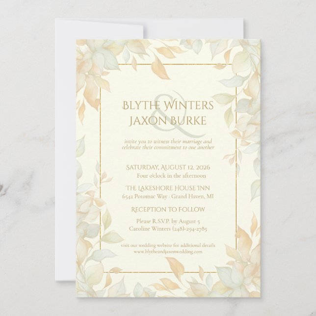 Convites Ivory Gold Leafy Border Botanical Elegant Wedding  (Frente)
