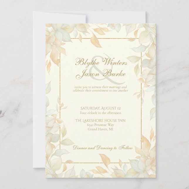 Convites Ivory Gold Leafy Border Botanical Elegant Wedding (Frente)