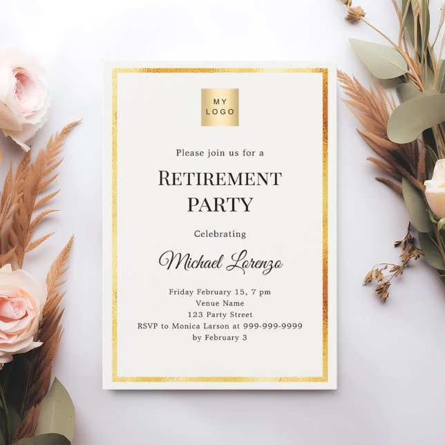 Convites Ivory gold retirement party business logo (Criador carregado)