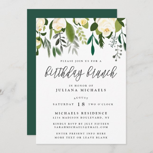 Convites Ivory & Green Botanical Birthday Brunch (Frente/Verso)