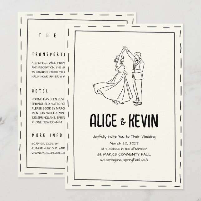 Convites Ivory Illustration Doodle Minimalist QR Wedding  (Frente/Verso)