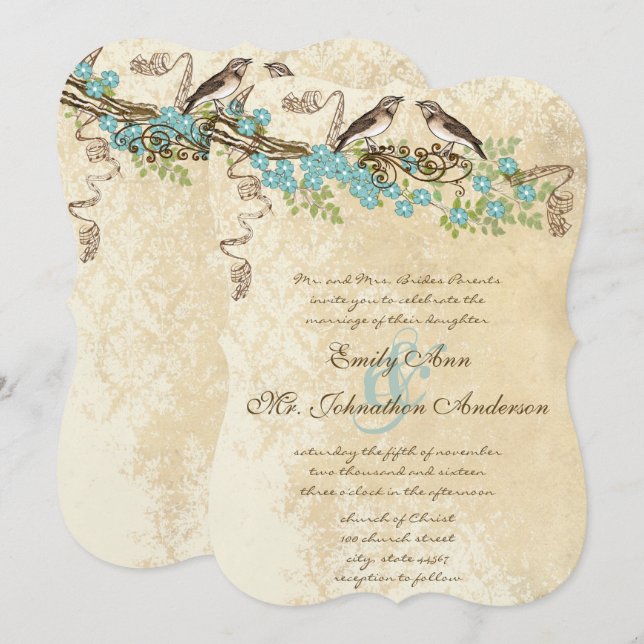 Convites Ivory Lace Aqua Blue Blossom Love Bird Casamentos (Frente/Verso)