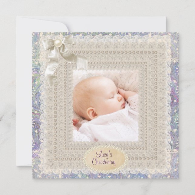 Convites Ivory Lace Pearls Pink Purple Girls Foto Christen (Frente)