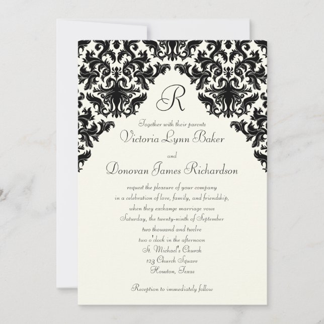 Convites Ivory Linen e Black Damask Monogramas (Frente)