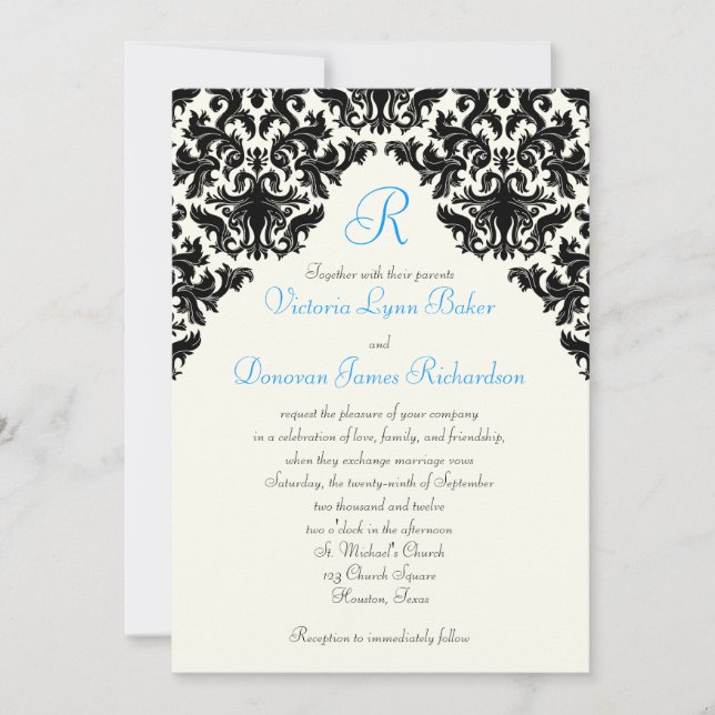 Convites Ivory Linen e Black Damask Monogramas (Frente)