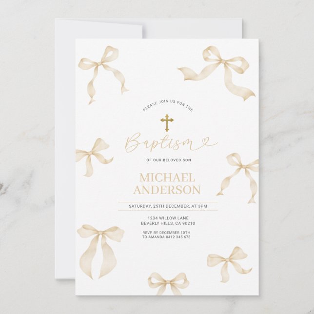 Convites Ivory Neutral Bow Christening Invitation (Frente)