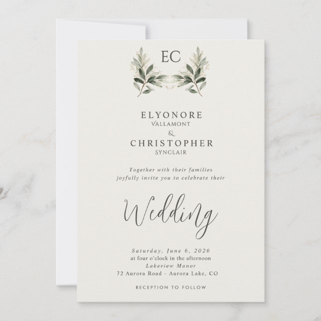 Convites Ivory Olive Branch Monogram Photo Wedding  (Frente)