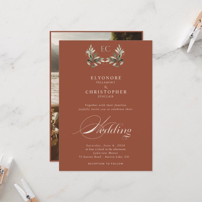 Convites Ivory Olive Branch Monogram Photo Wedding  (Frente/Verso In Situ)