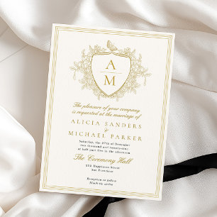 Convites Ivory ouro clássico formal monograma crista casame