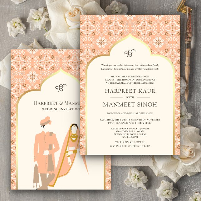 Convites Ivory Peach Pattern Anand Karaj Sikh Wedding (Criador carregado)