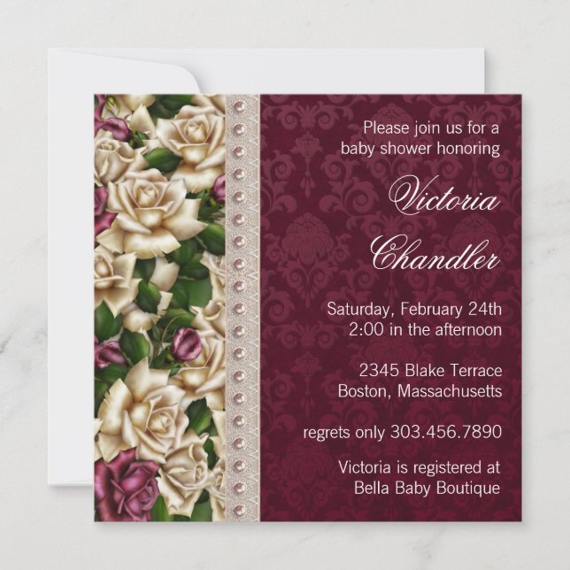 Convites Ivory Pearls Rosa Rosa Rosa Rosa Rosa Damask Baby  (Frente)