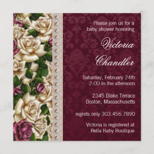 Convites Ivory Pearls Rosa Rosa Rosa Rosa Rosa Damask Baby 