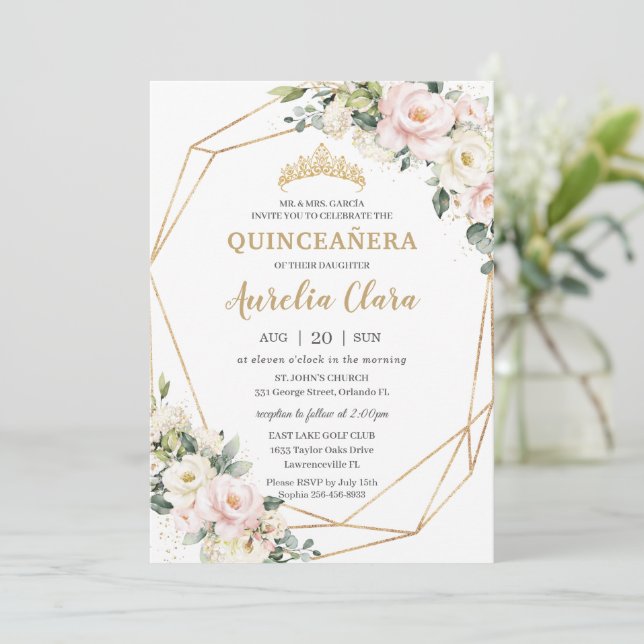 Convites Ivory Pink Blush - Quinceañera Geométrica Floral (Em pé/Frente)