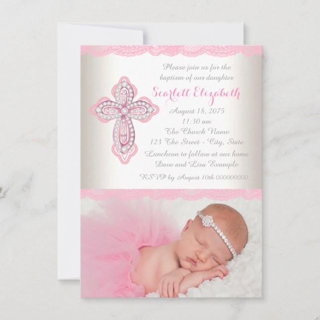 Convites Ivory Pink Lace Diamond Cross Foto Baptism (Frente)