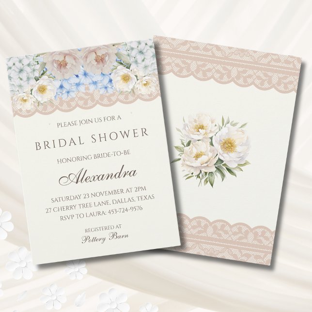 Convites Ivory Pink Peony Blue Hydrangea Bridal Shower (Criador carregado)