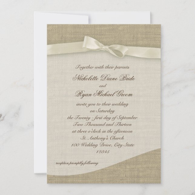 Convites Ivory Ribbon e Burlap Wedding (Frente)