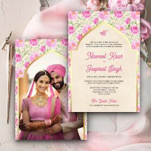 Convites Ivory Rosa Floral Foto Anand Karaj Casamento Sikh