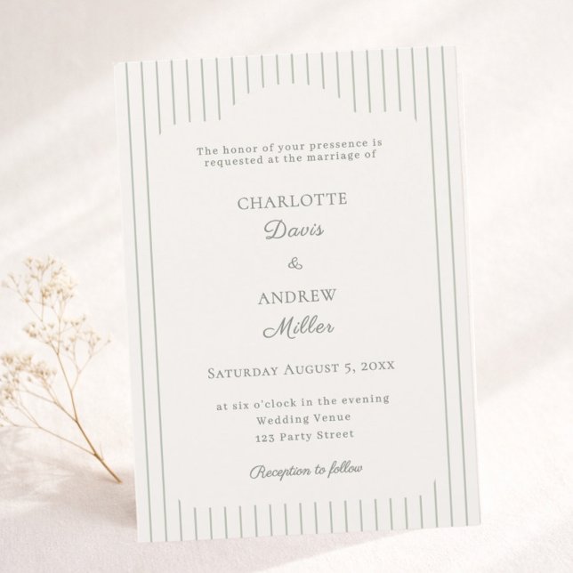 Convites Ivory Sage Green Pinstriped elegant Wedding  (Criador carregado)