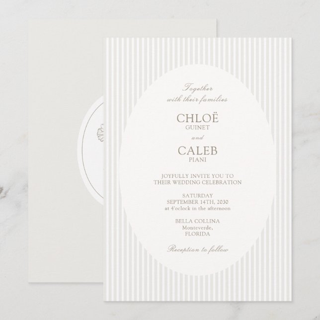 Convites Ivory & Sand | Stripe Botanical Oval Wedding (Frente/Verso)