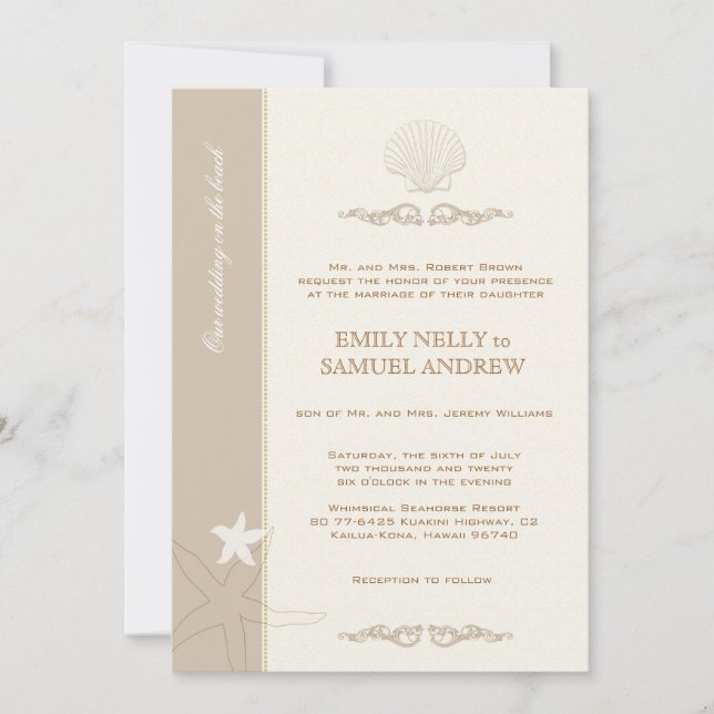 Convites Ivory & Tan Wedding By the Shore (Frente)