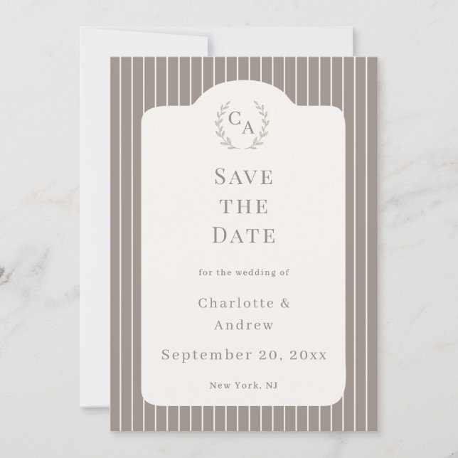 Convites Ivory Taupe Neutral Pinstriped Wedding  (Frente)
