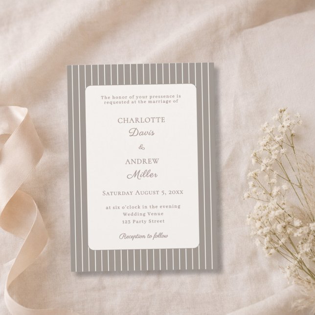 Convites Ivory Taupe Neutral Pinstriped Wedding  (Criador carregado)
