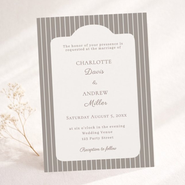 Convites Ivory Taupe Neutral Pinstriped Wedding  (Criador carregado)